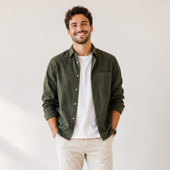 Mitch smiling in an olive overshirt against a plain wall